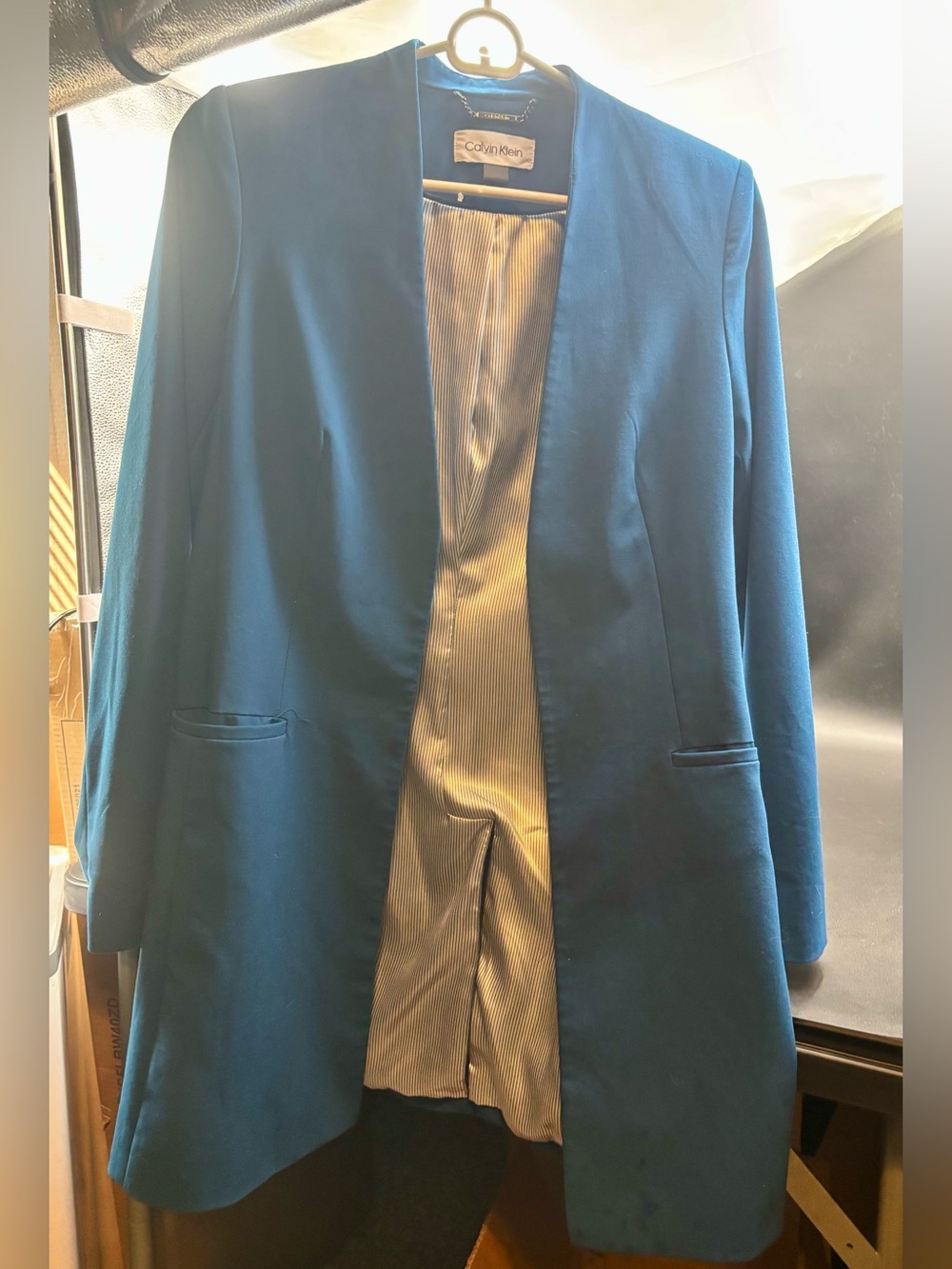 Calvin Klein Teal Collarless Open Front Longline Blazer Jacket - Size 8P
